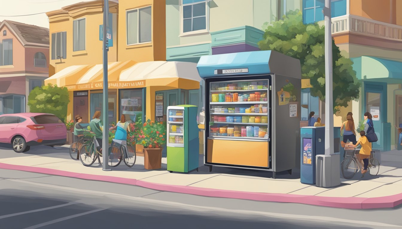 A bustling street corner in Garden Grove, CA, with a colorful community fridge and a bulletin board filled with upcoming events