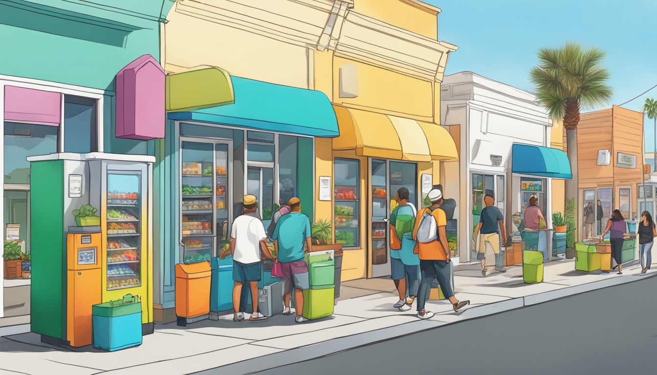 A bustling street in Oceanside, California, with colorful community fridges placed outside local businesses and community centers