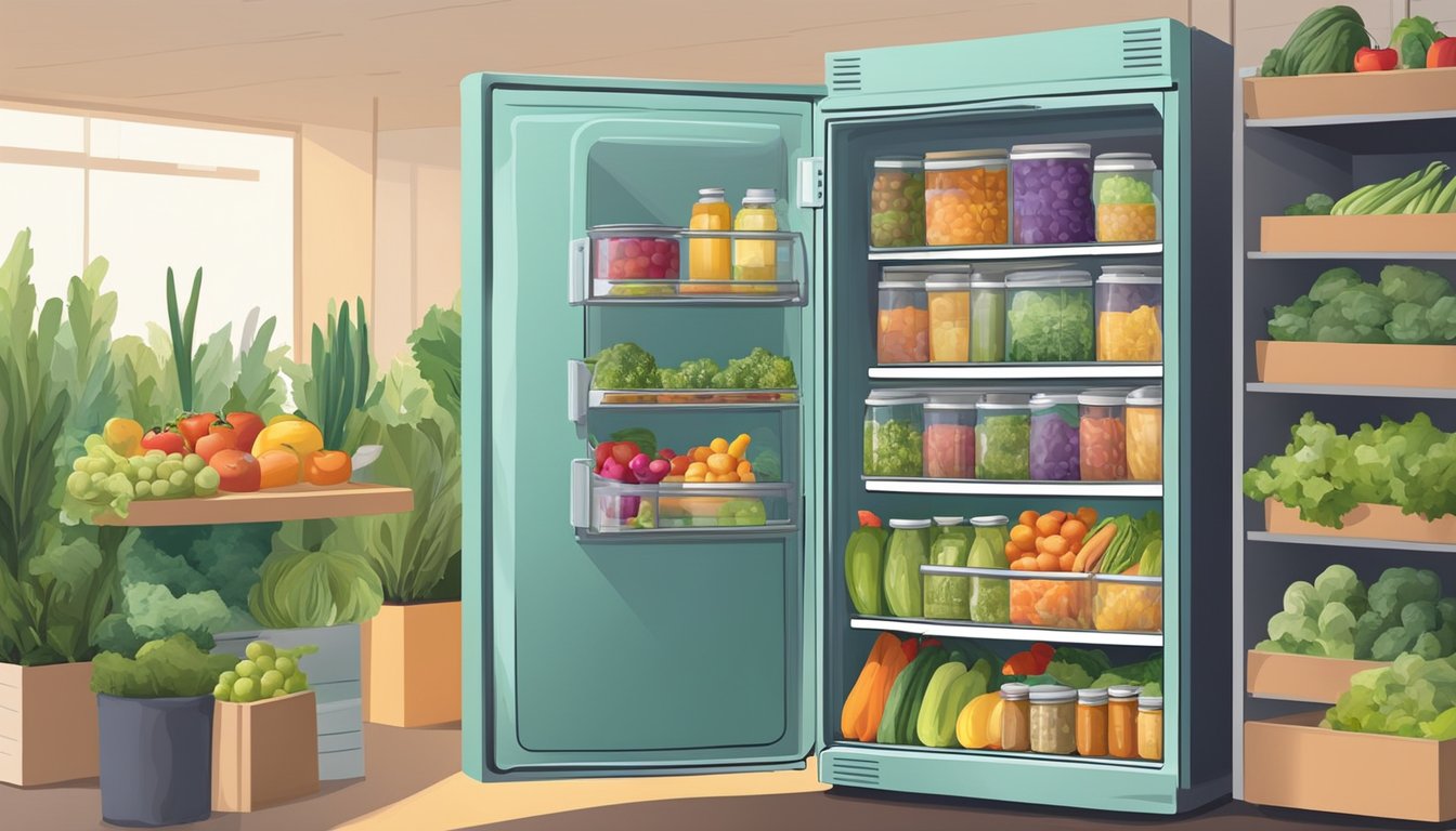 A colorful community fridge surrounded by fresh produce and shelves of canned goods, with people coming and going to access the resources