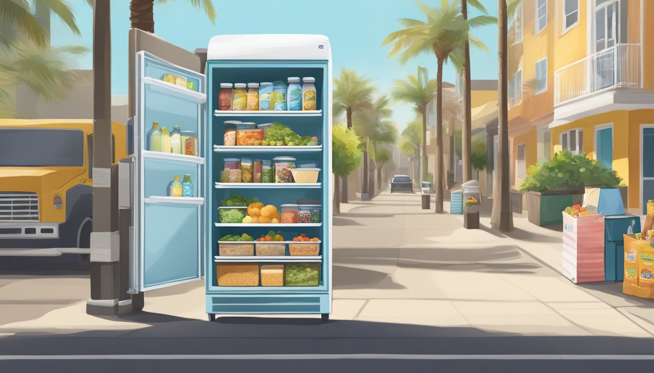 A local community fridge sits on a sunny oceanside street, filled with neatly organized shelves of donated food items