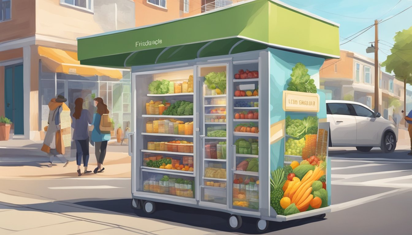 A community fridge sits on a sunny oceanside street, filled with fresh produce and packaged goods. People come and go, exchanging items and leaving with nourishment