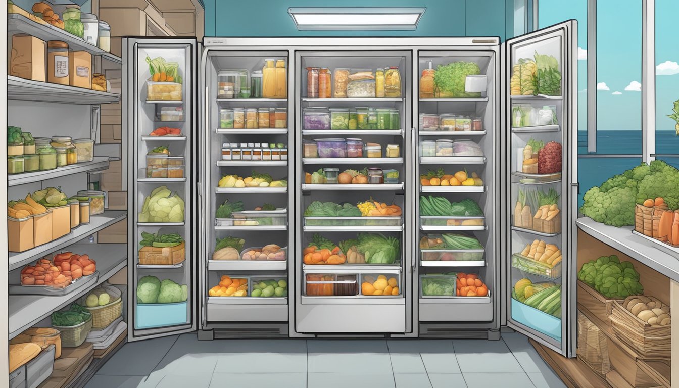 A community fridge surrounded by shelves of food and resources, located within a bustling oceanside town