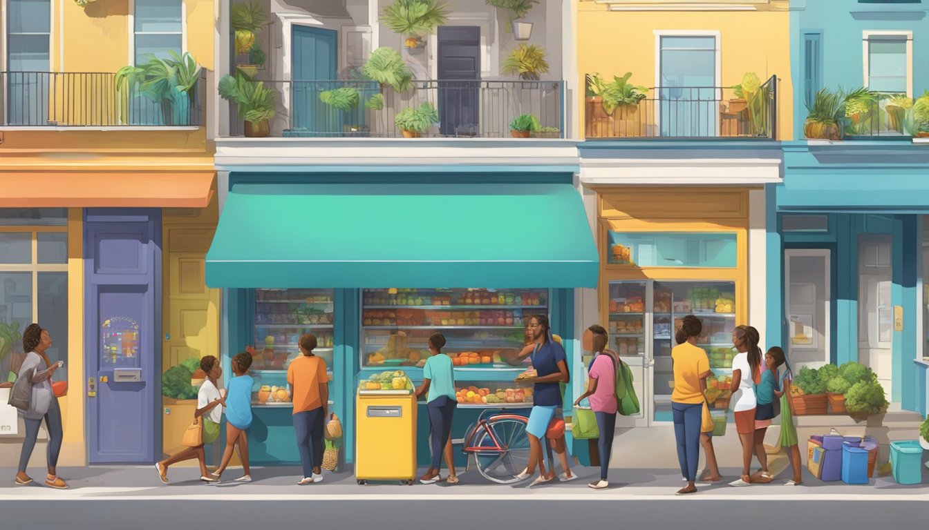 A bustling oceanside street with a colorful community fridge surrounded by people exchanging food and goods