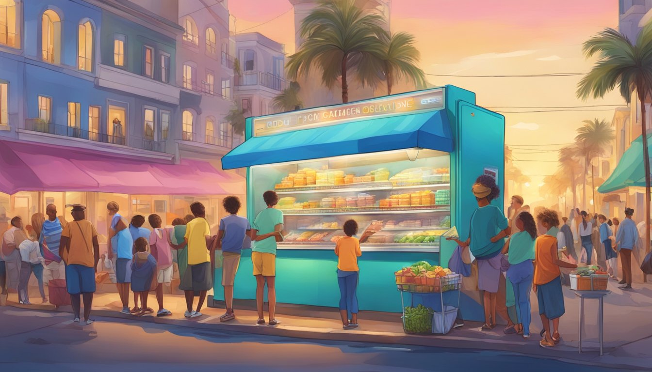 A bustling oceanside street with a colorful community fridge surrounded by people donating and taking food, with the ocean in the background