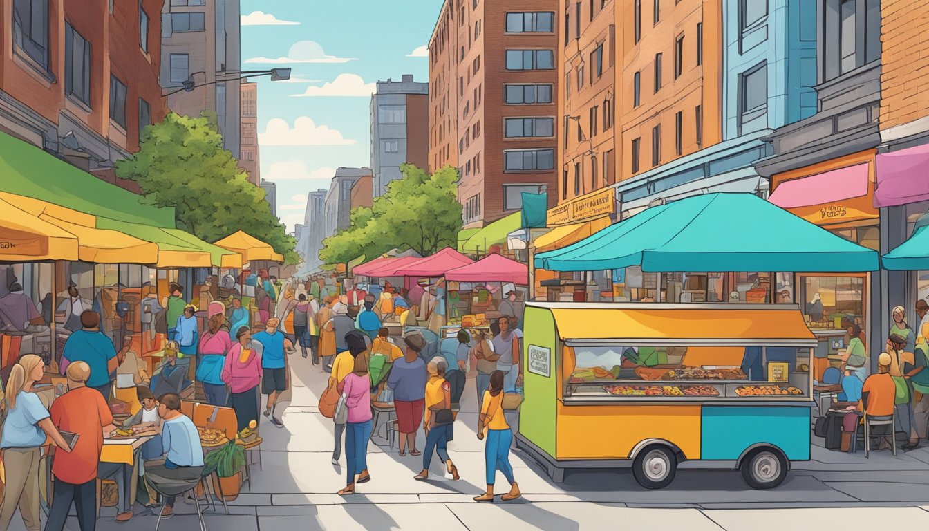 A vibrant street scene with colorful food stalls and bustling restaurants in Buffalo, showcasing the city's diverse culinary offerings