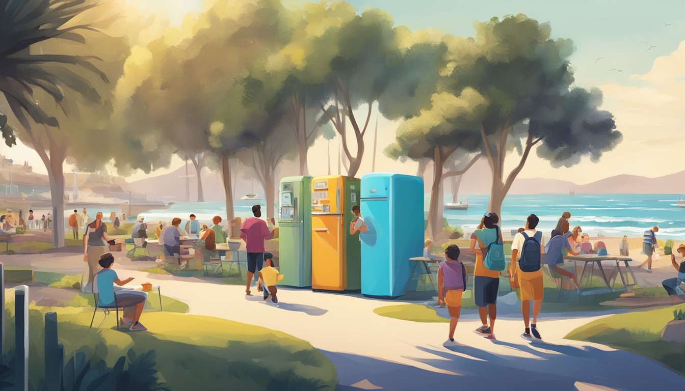 A sunny park with a colorful community fridge surrounded by people enjoying outdoor activities near the ocean in Oceanside, CA