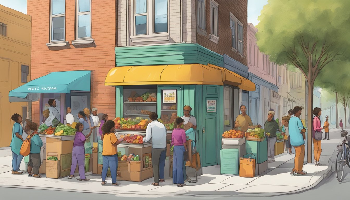 A bustling street corner with a colorful, well-stocked community fridge surrounded by diverse individuals exchanging food items