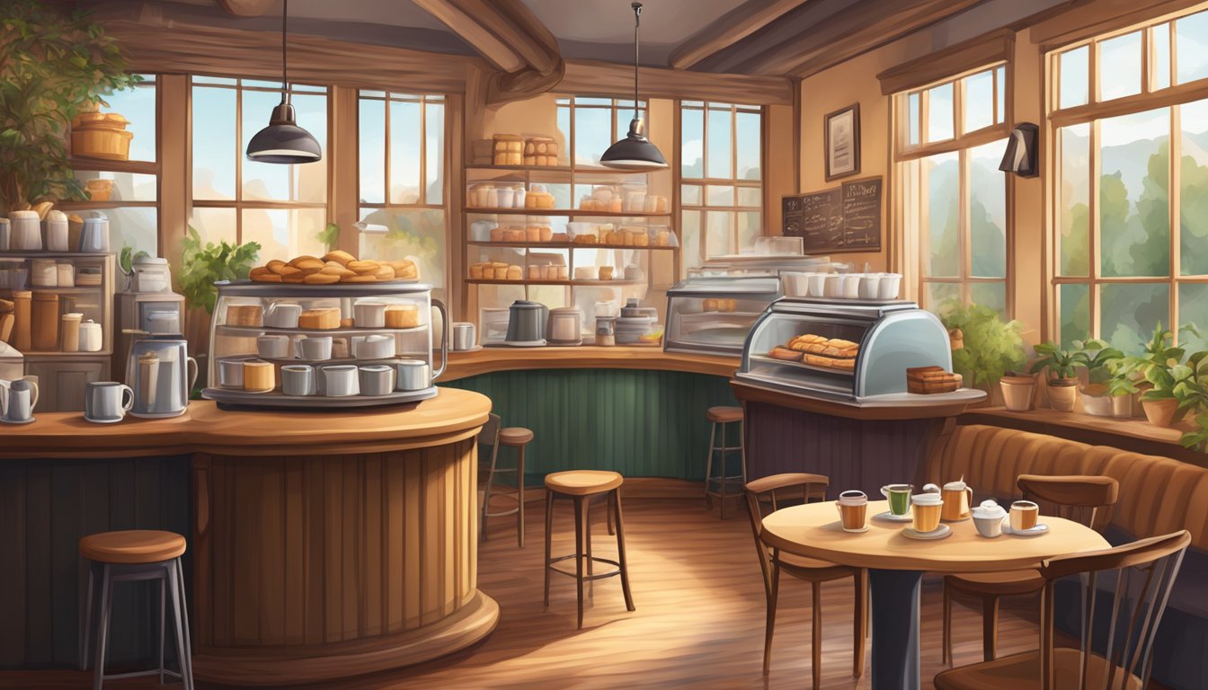 A cozy coffee shop with steaming mugs, delectable pastries, and a bustling atmosphere