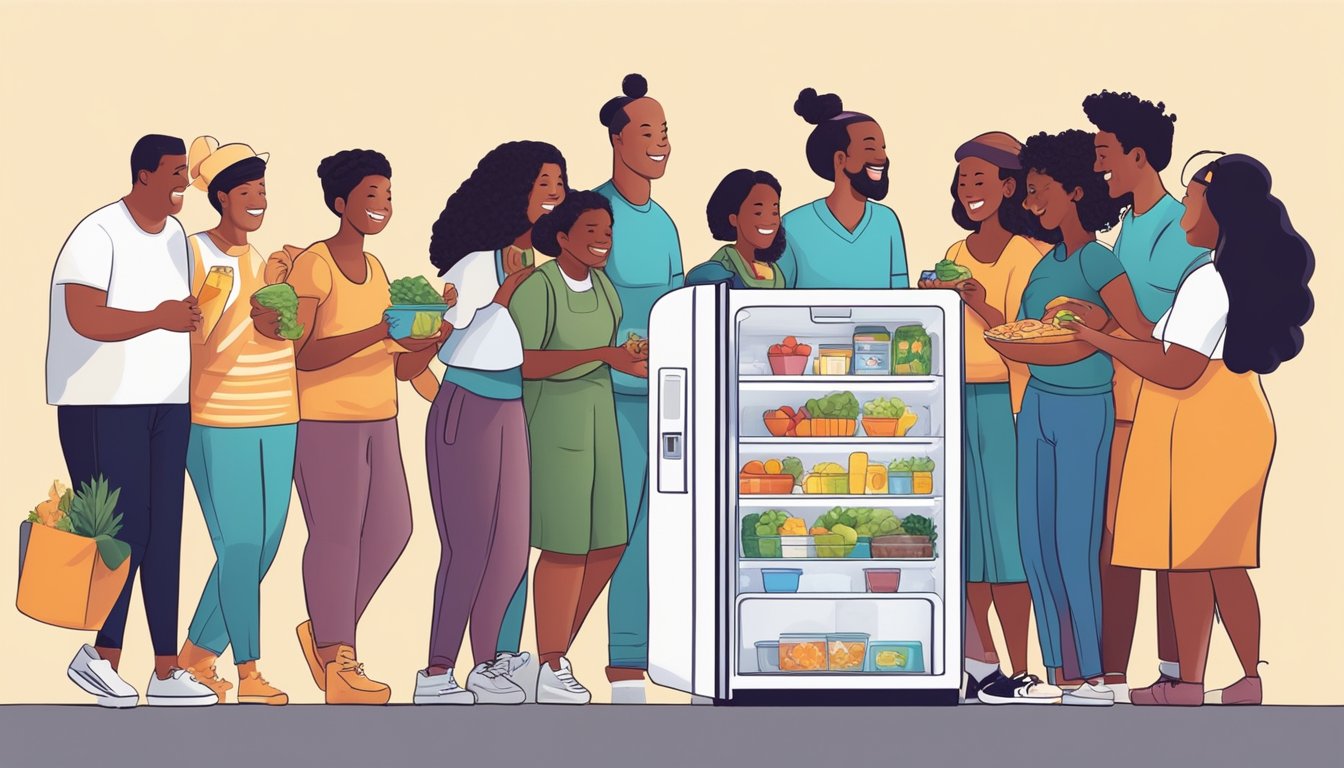 A diverse group of people from the Hesperia, CA community gather around a brightly colored community fridge, exchanging food items and sharing smiles