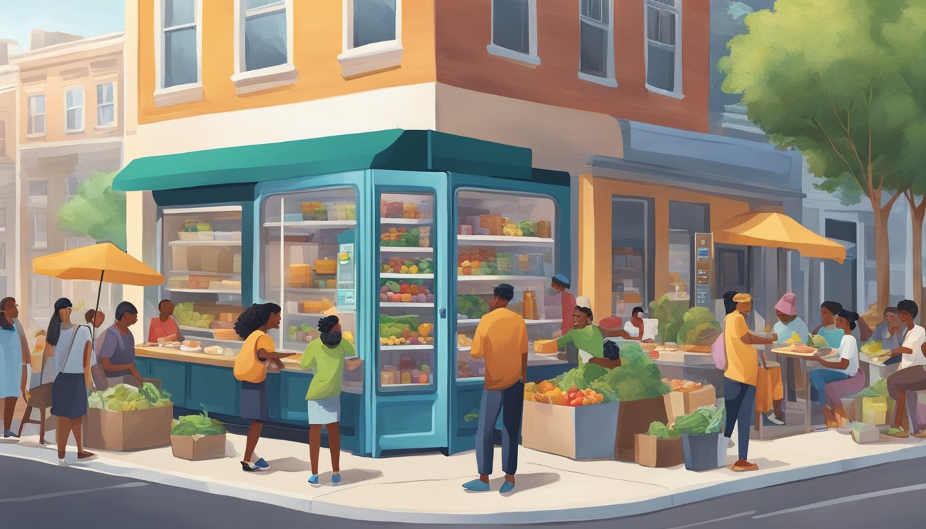 A bustling street corner with a colorful, well-stocked community fridge surrounded by diverse individuals contributing and taking food