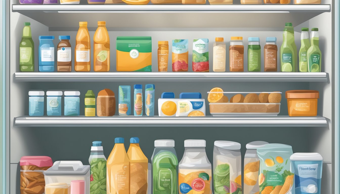 A diverse array of food items and personal care products neatly organized in a community fridge in Hesperia, CA