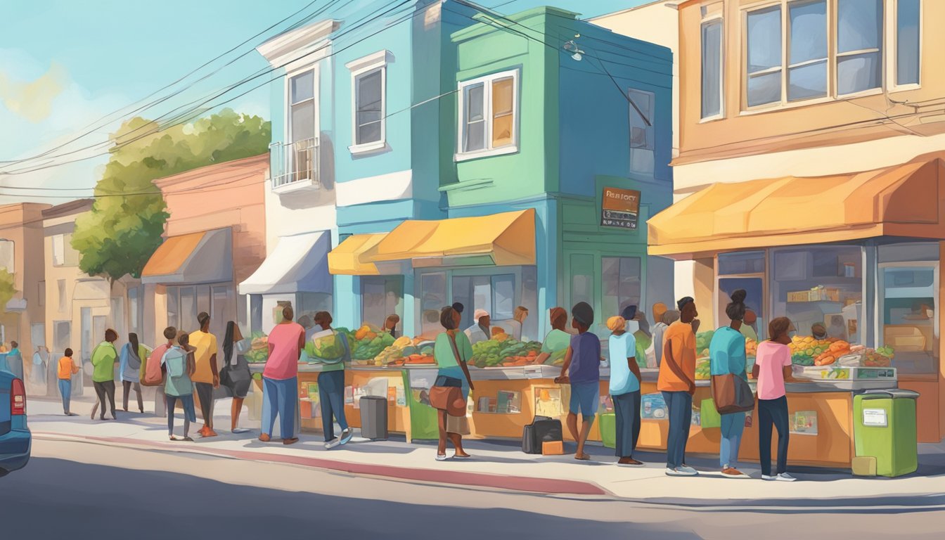 A bustling street corner in Oxnard, California, with a colorful community fridge surrounded by people donating and taking food