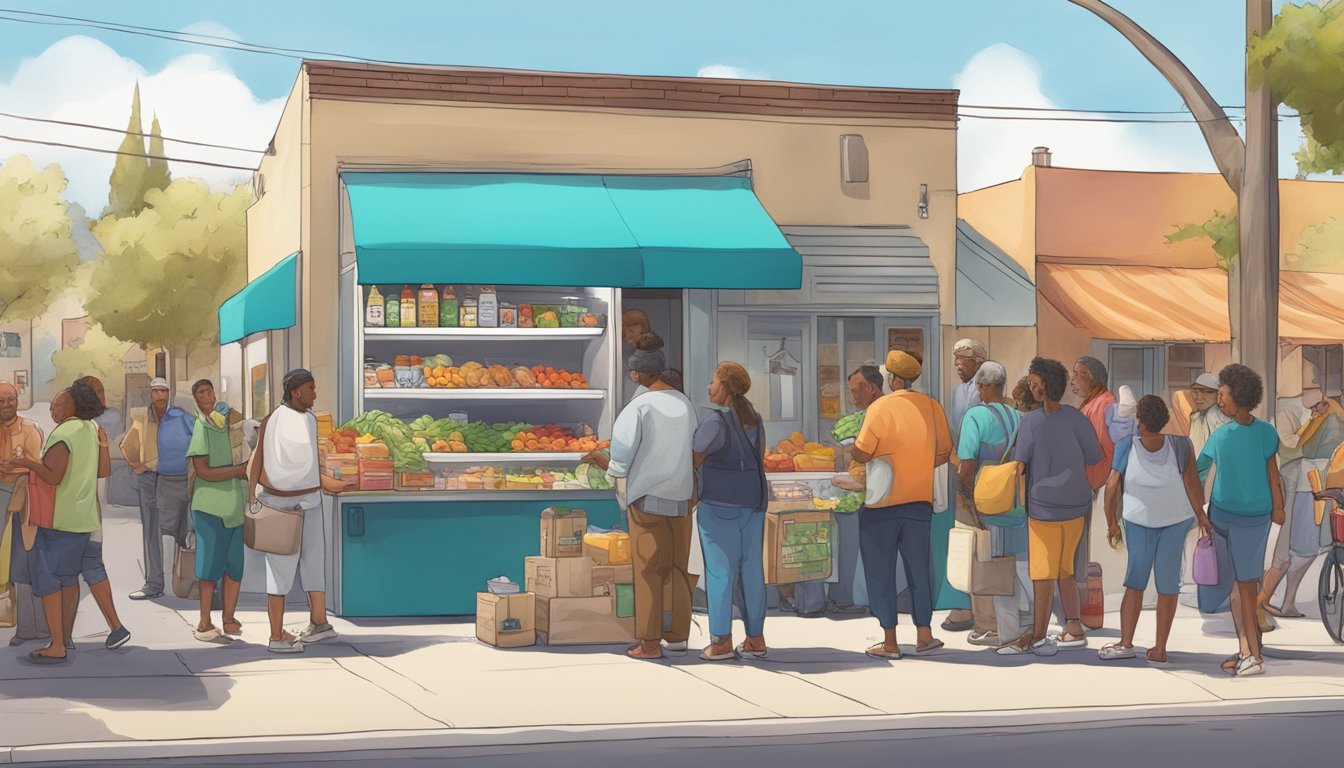 A bustling street corner in Hesperia, CA, with a colorful community fridge surrounded by volunteers and locals exchanging food items