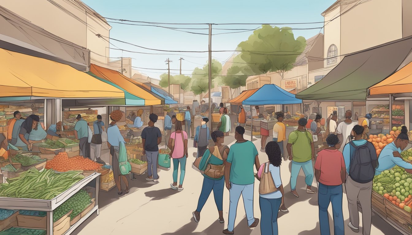 A bustling local market with diverse vendors and customers, all coming together to support and collaborate around a community fridge in Hesperia, CA