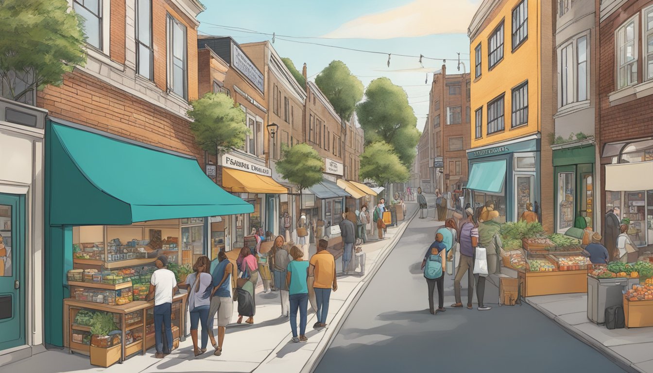 A bustling street with diverse local businesses and organizations, featuring a community fridge as the focal point