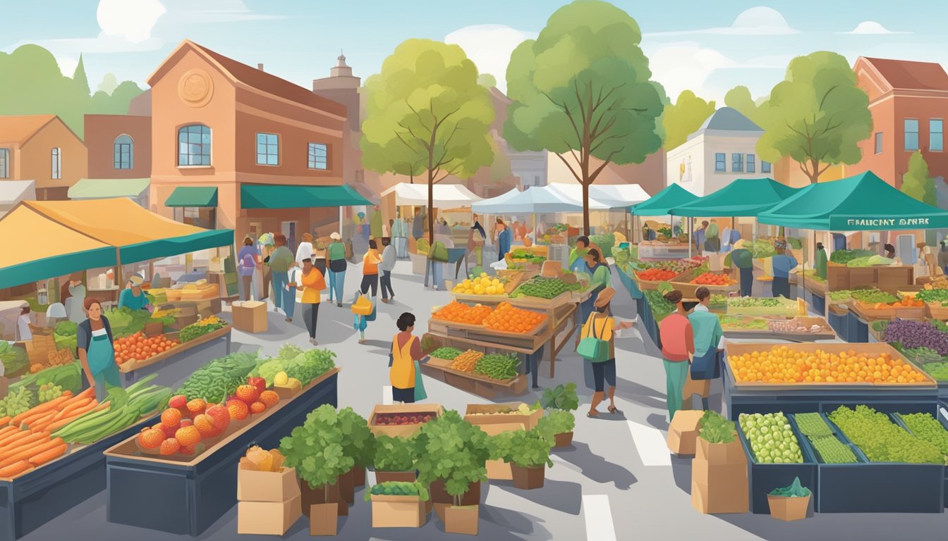 A bustling farmers market with colorful produce, local food vendors, and eco-friendly packaging. Nearby, a community garden showcases sustainable growing practices