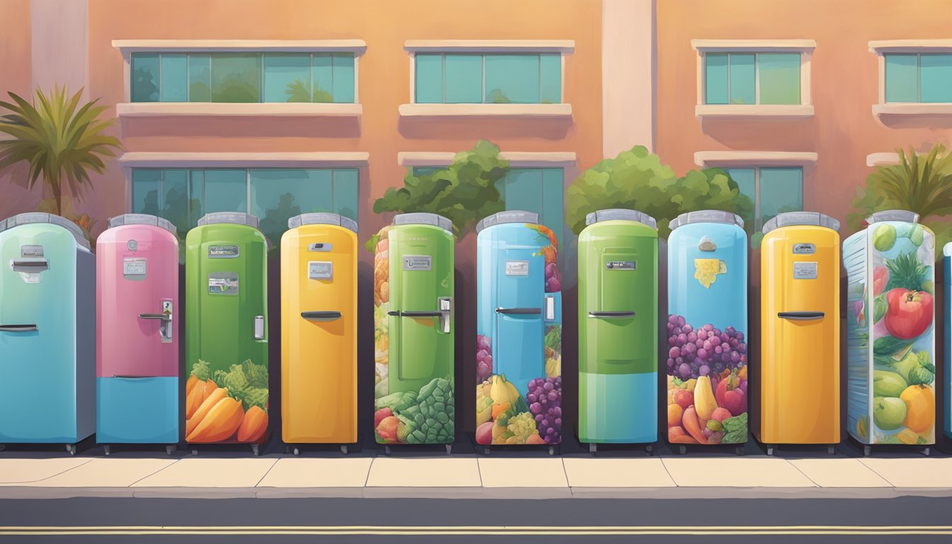 A row of colorful community fridges lined up against a mural-covered wall in Hesperia, California, filled with fresh produce and packaged goods