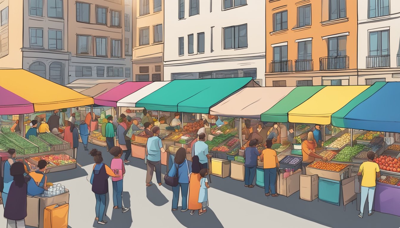 A bustling outdoor market with a colorful community fridge at the center, surrounded by people donating and taking food