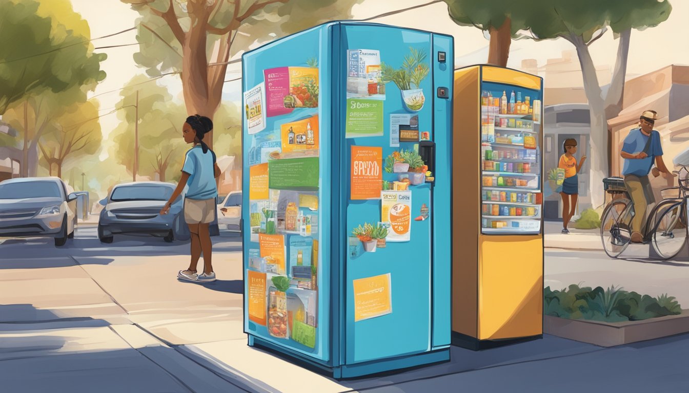 A bustling street corner in Oxnard, CA, with a colorful and inviting community fridge adorned with promotional posters and advocacy flyers