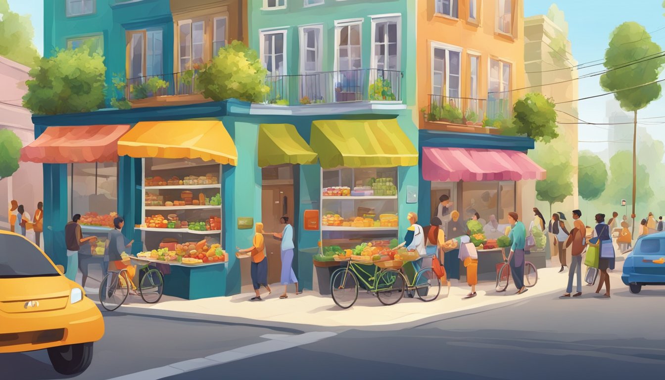 A bustling street corner with a colorful, decorated fridge filled with various food items. People from the community come and go, exchanging goods and sharing smiles