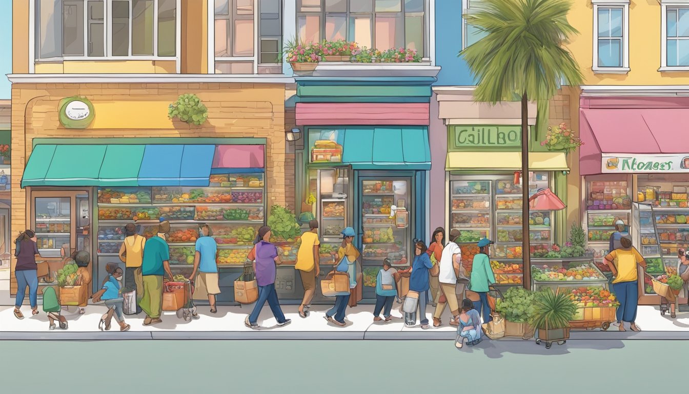 A bustling local community with people adding food to a brightly decorated fridge, surrounded by a diverse array of shops and buildings in Oxnard, CA