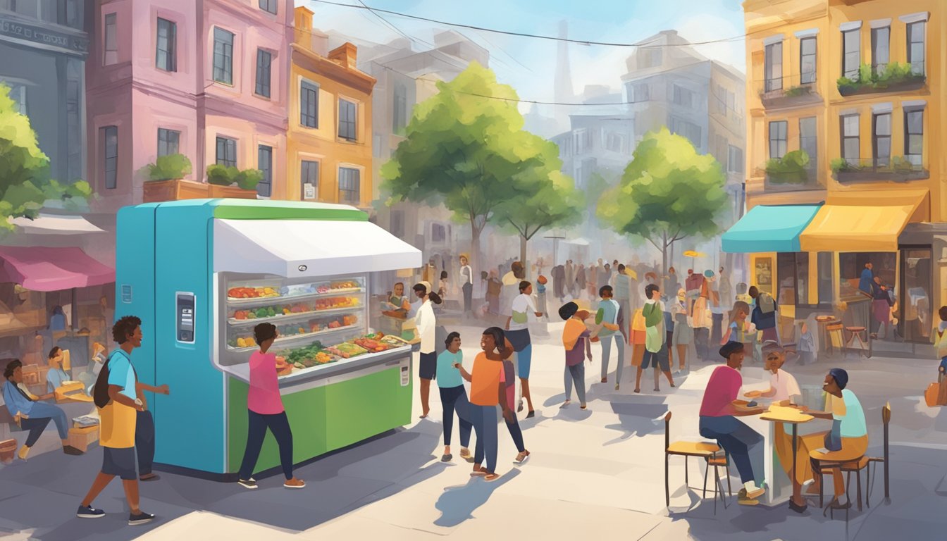 A bustling riverside street with a colorful community fridge surrounded by people exchanging food and smiles