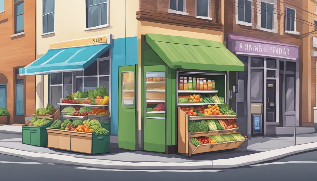 A colorful community fridge stands on a bustling street corner, filled with fresh produce and pantry staples. People of all ages and backgrounds come to take what they need and leave what they can