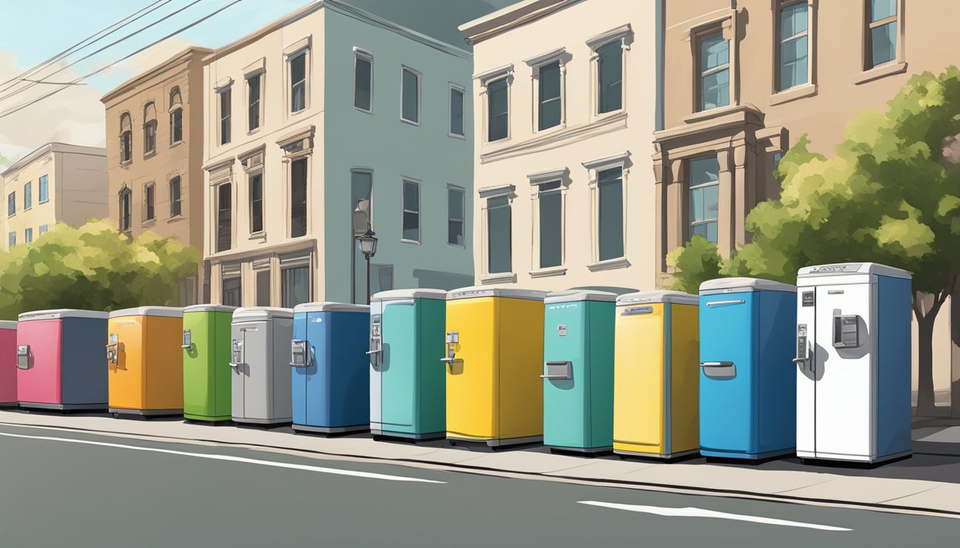 A row of colorful community fridges against a backdrop of a bustling street in Riverside, CA