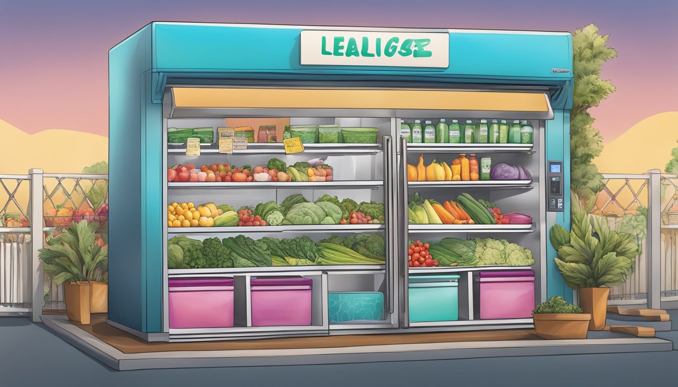 A colorful community fridge in Oxnard, CA, filled with fresh produce and food items, with a sign displaying legal and ethical guidelines