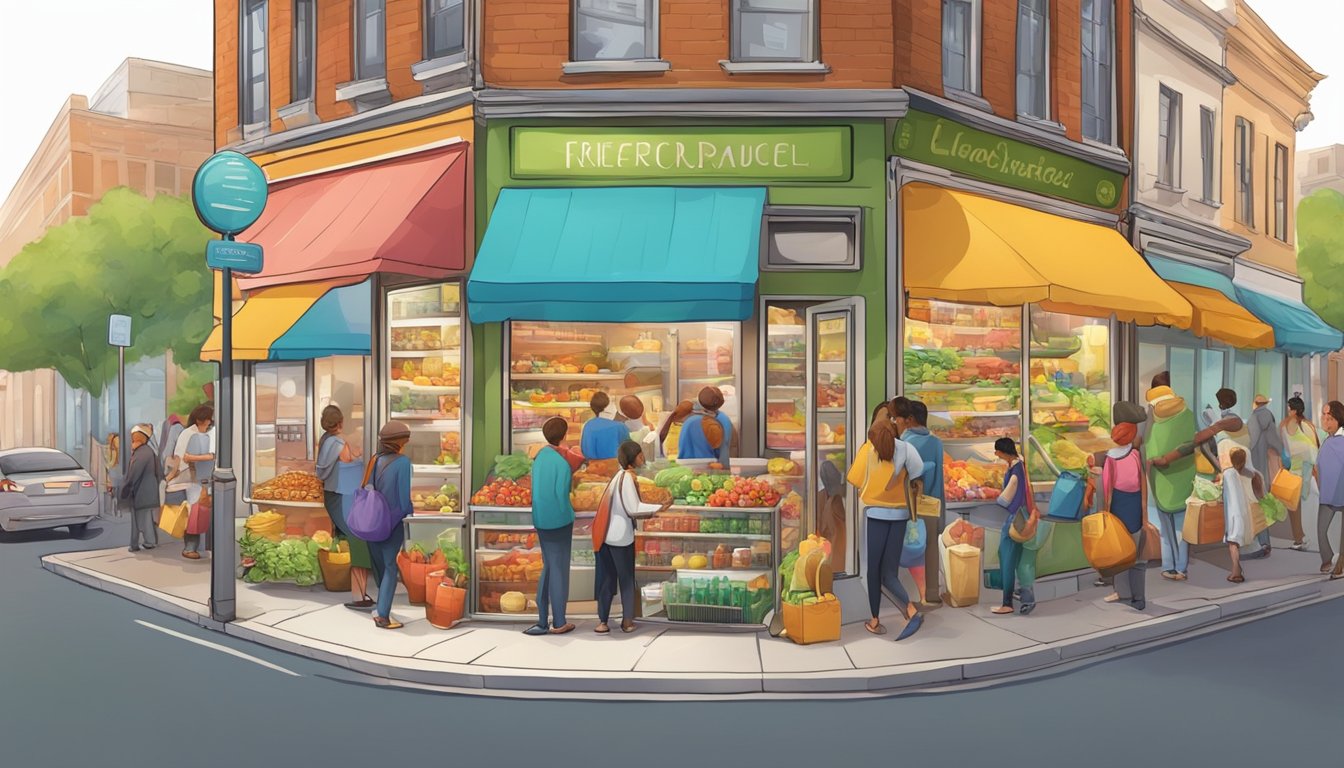 A bustling street corner with a colorful, decorated refrigerator filled with various food items. People from the community come and go, adding and taking items from the fridge