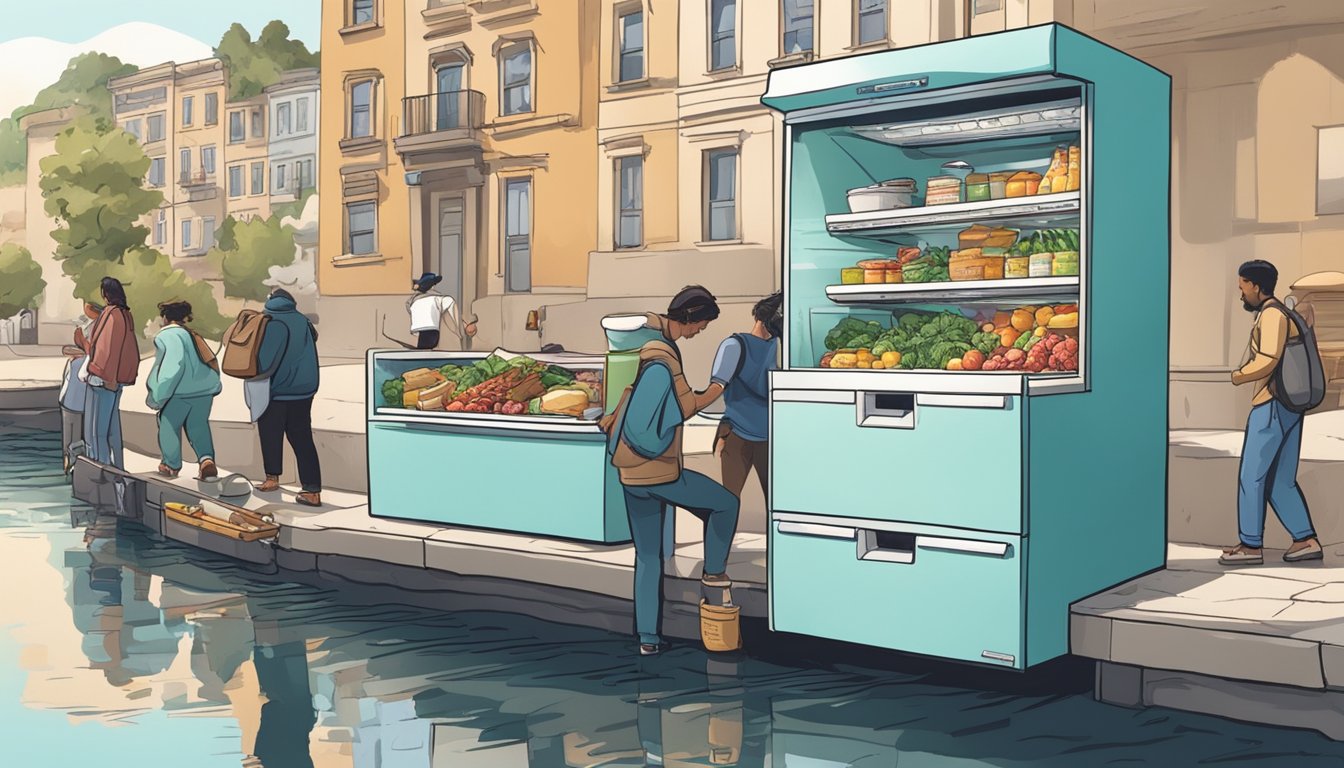 People placing food in a public fridge by a river, others taking items out