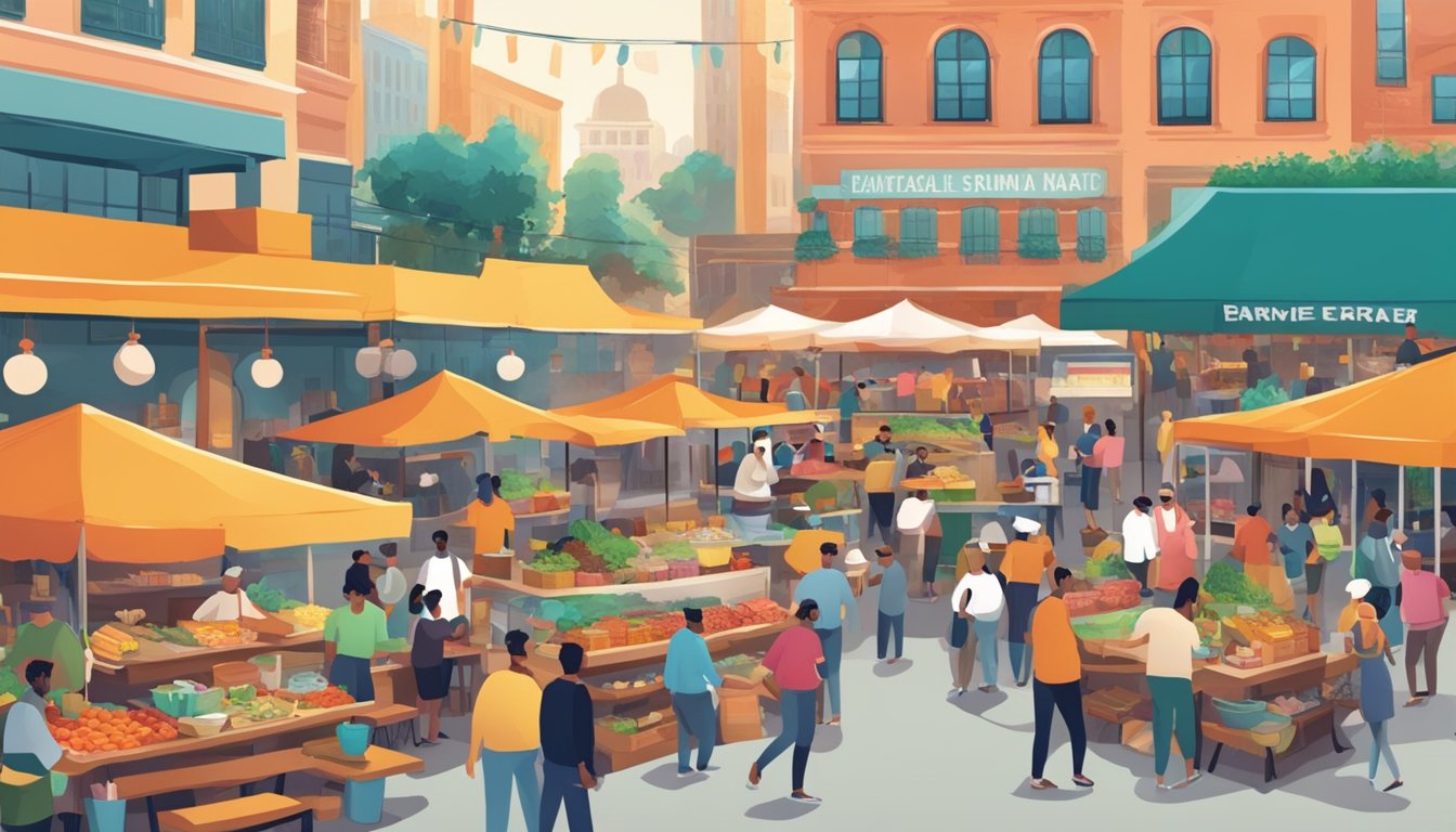 A bustling food market with diverse cuisines and vibrant colors. Outdoor seating, food trucks, and lively music add to the energetic atmosphere