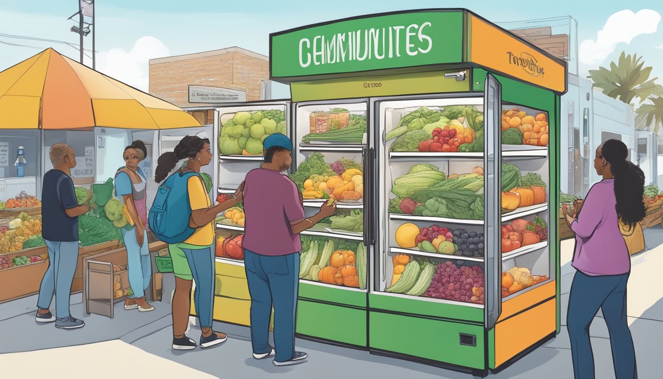 A vibrant community fridge surrounded by diverse local produce and people exchanging goods in Oxnard, CA