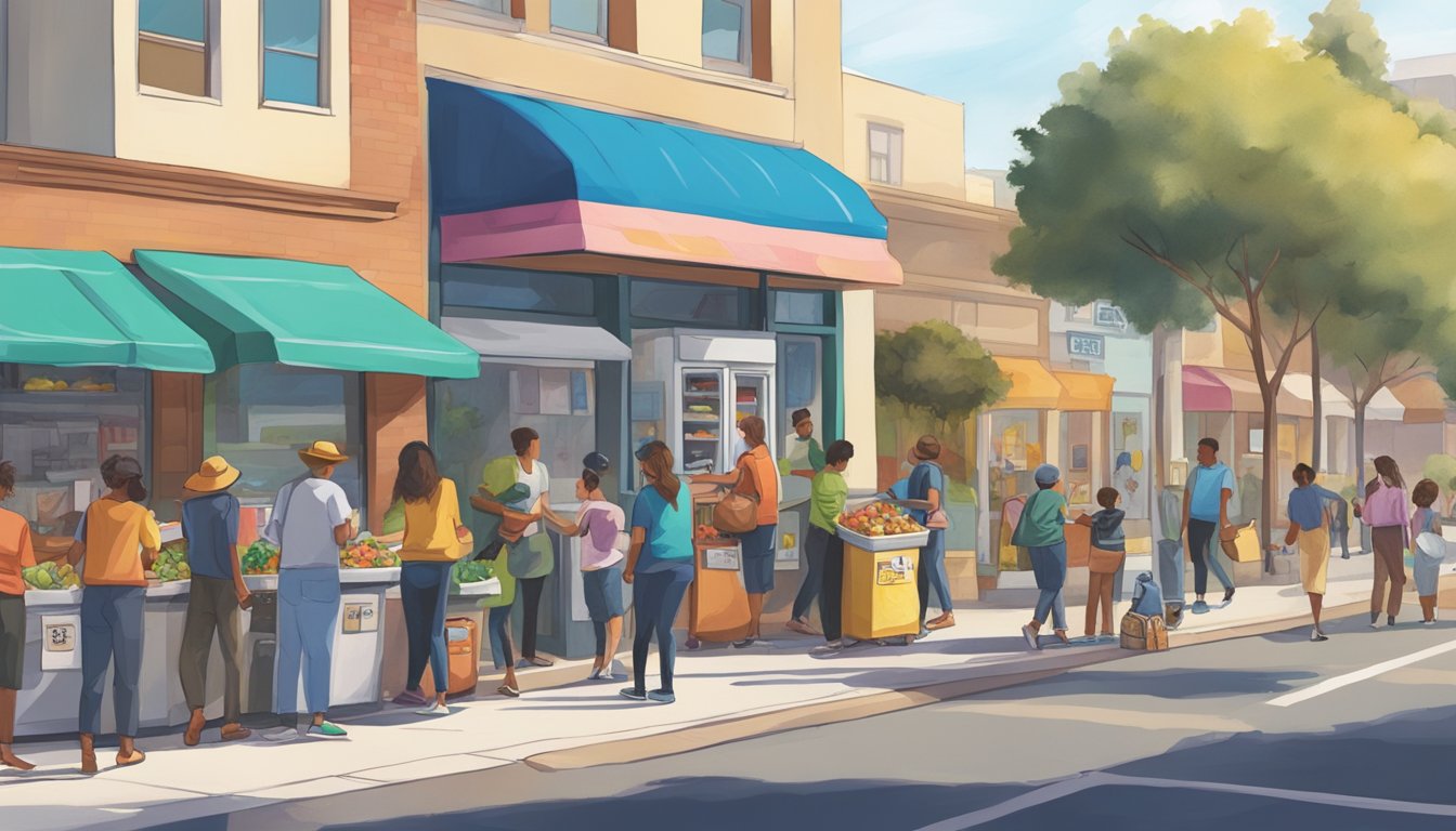 A bustling street corner in Irvine, CA, with a colorful community fridge surrounded by people dropping off and picking up food items