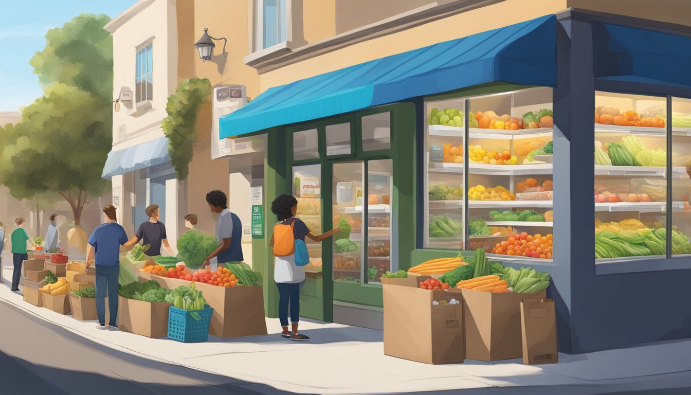 A bustling street corner in Irvine, CA, where a vibrant community fridge is being stocked with fresh produce and pantry items by local volunteers