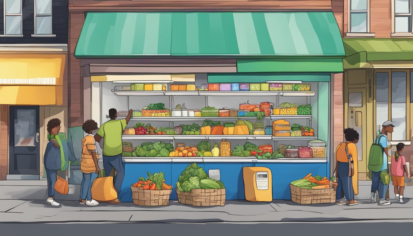 A brightly colored community fridge stands on a bustling street corner, filled with fresh produce and food items. People come and go, adding and taking from the fridge, creating a sense of unity and generosity in the community