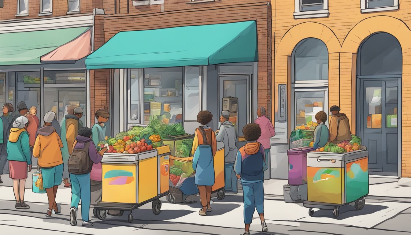 A bustling street corner with a colorful community fridge surrounded by people dropping off and picking up food donations