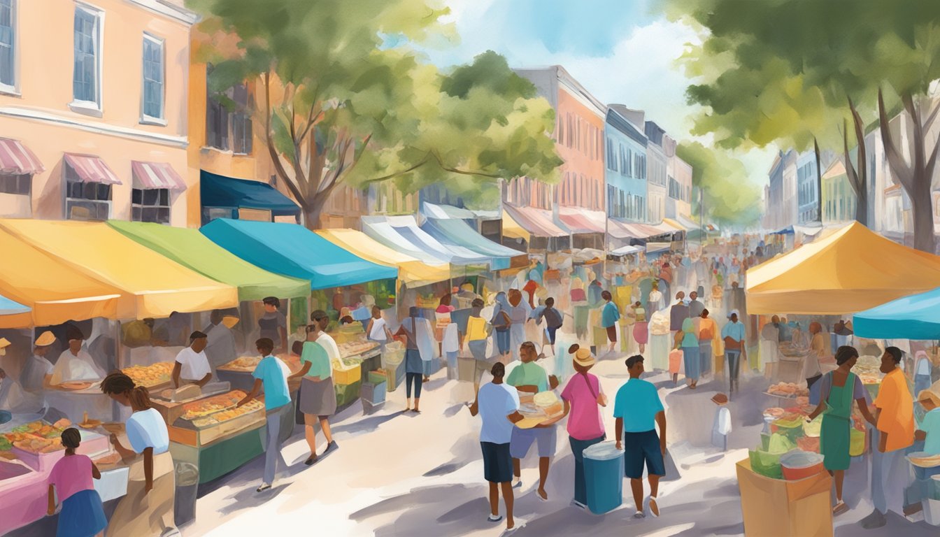 A bustling city street lined with colorful food stalls and vendors, offering a variety of culinary delights at the Taste of Charleston festival