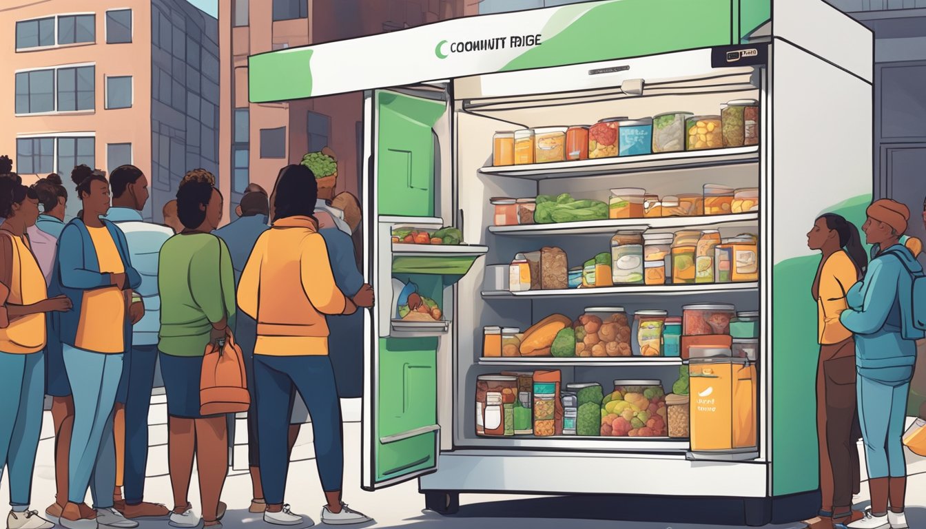 A community fridge stands open, filled with donated food items. People gather around, some taking what they need while others contribute to the supply