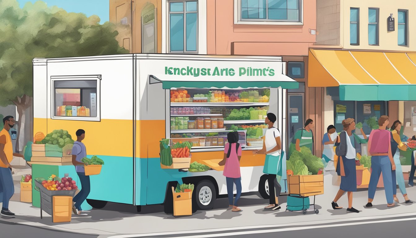 A bustling street in Irvine, CA, with a colorful community fridge surrounded by local businesses and volunteers collaborating to stock it with fresh produce and pantry items