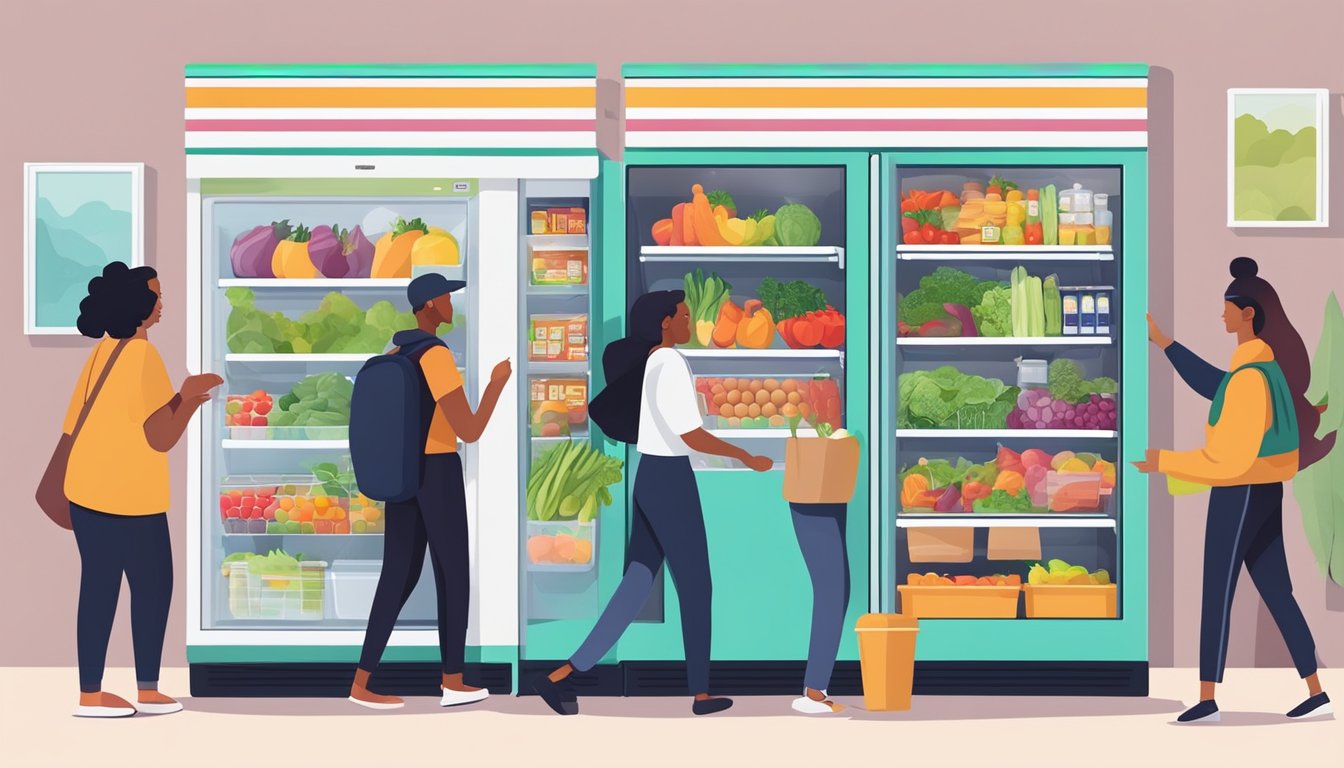 A colorful community fridge filled with fresh produce and food items, surrounded by a diverse group of people exchanging goods