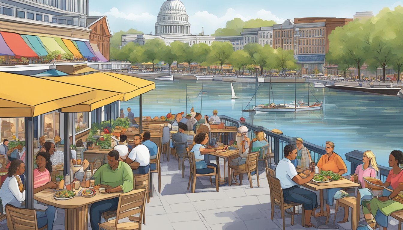 A bustling waterfront with colorful outdoor dining options, showcasing the diverse culinary delights of Washington, DC