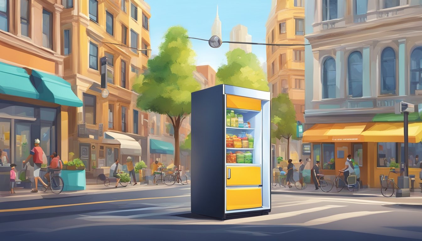 A colorful community fridge stands on a sunny street corner, surrounded by diverse buildings and bustling city life