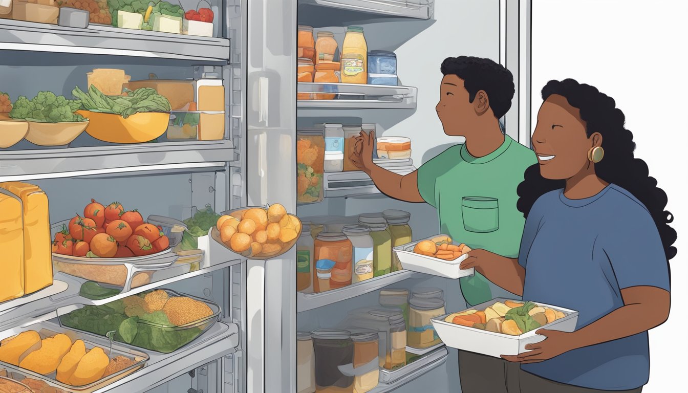 A diverse array of food items being placed inside a community fridge, with people from the local Pomona, CA community coming together to contribute