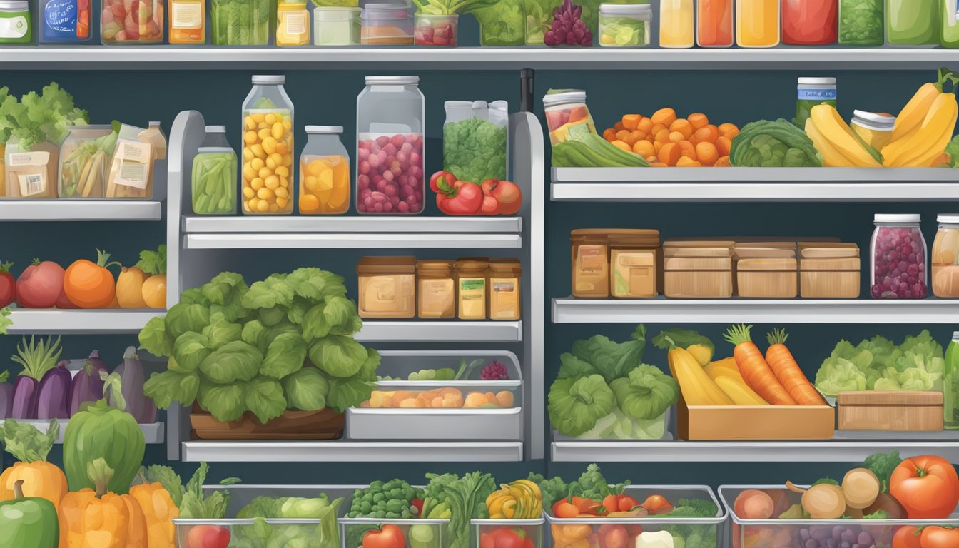 A bustling community fridge filled with a variety of fresh produce, packaged goods, and canned items. People of all ages and backgrounds contribute and take what they need