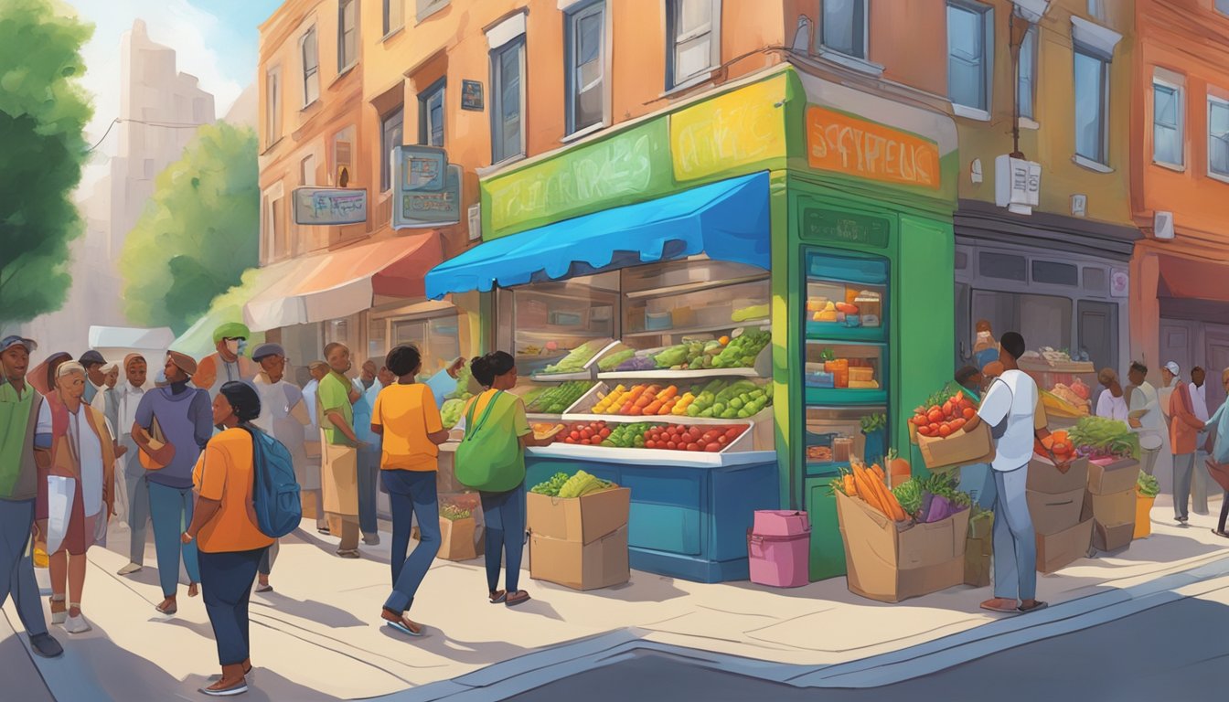 A bustling street corner with a colorful, graffiti-covered refrigerator filled with fresh produce and packaged goods, surrounded by a diverse group of people exchanging items