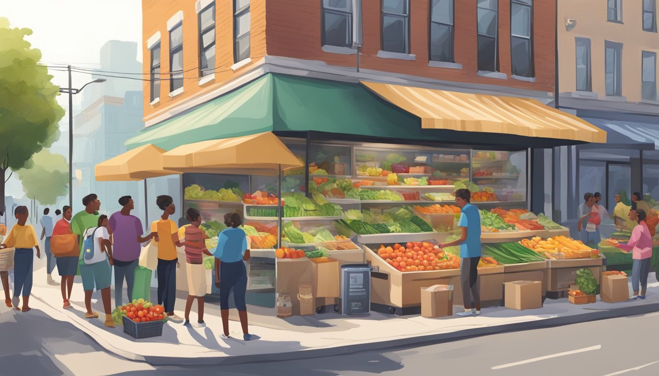 A bustling street corner with a colorful, decorated fridge filled with fresh produce and food items. People from the community are seen donating and taking items