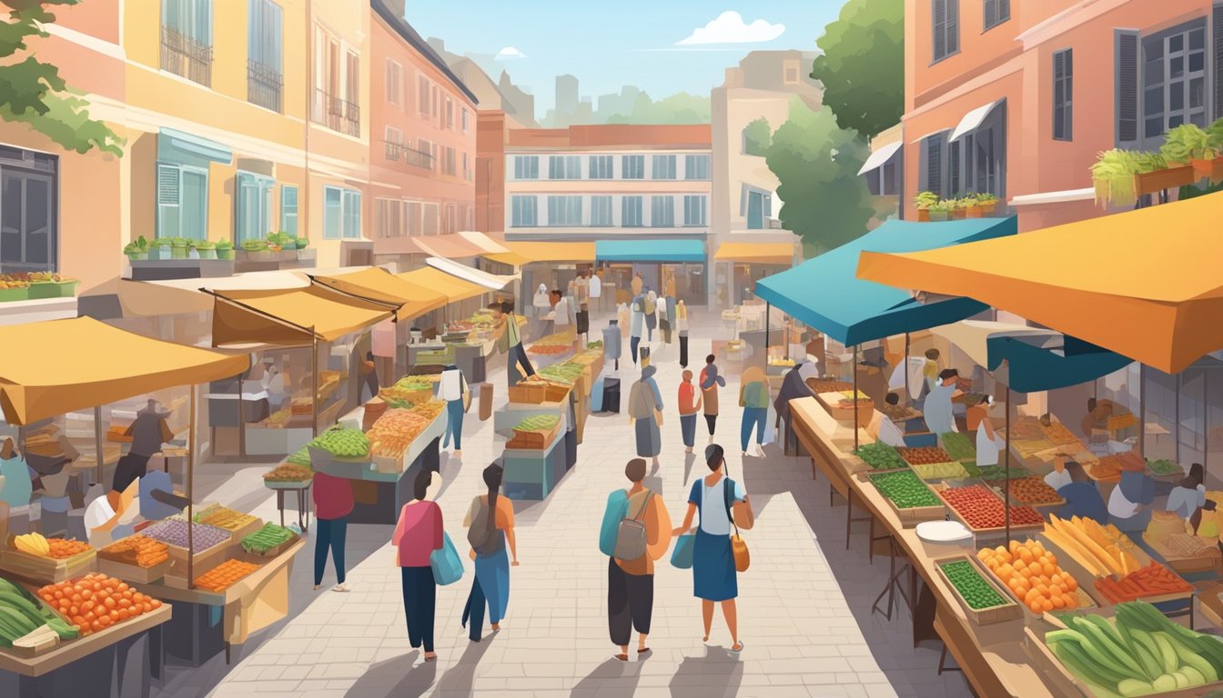 A bustling market with colorful stalls selling fresh produce, artisanal goods, and street food. Nearby, restaurants with outdoor seating and lively atmosphere