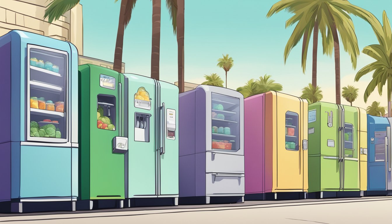 A row of colorful community fridges nestled against a backdrop of palm trees and urban buildings in Long Beach, CA