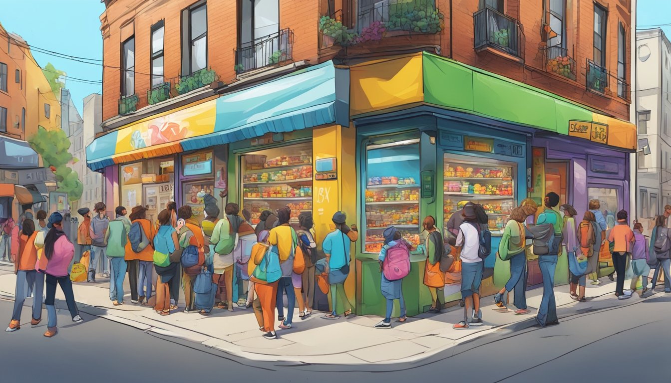 A bustling street corner with a colorful, graffiti-covered fridge surrounded by people taking and leaving food items